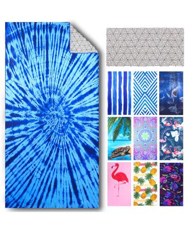 Microfiber Pool Sandproof Beach Towel Blanket - Quick Fast Dry Sand Free Proof Compact Outdoor Camping Travel Swim Micro Fiber Thin Yoga Mat Personalized Gift for Women Man Adult Blue Tie Dye Large 60"x32" Blue Tie Dye