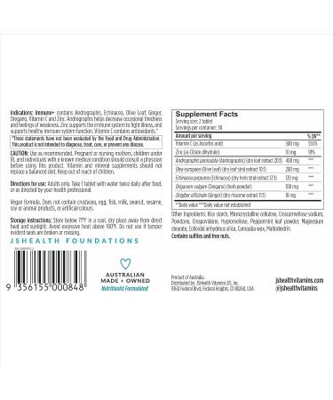 JSHealth Vitamins Immune + Immunity Booster Supplement with Zinc Vitamin C Echinacea and Olive Leaf Antioxidants (60 Tablets) - Buy Online on GoSupps.com