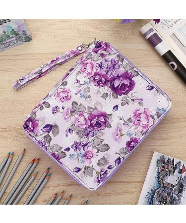 BTSKY Colored Pencil Case- 120 Slots Pencil Holder Pen Bag Large Capacity Pencil Organizer with Handle Strap Handy Colored Pencil Box with Printing Pattern (Purple Flower) - Buy Online on GoSupps.com