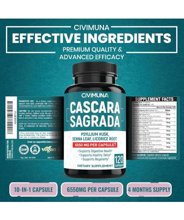 Cascara Sagrada Bark Extract Capsules 6550mg | 120 Capsules - 4 Months Supply | Senna Leaf Psyllium Husk Powder | CIVIMUNA - Buy Online on GoSupps.com