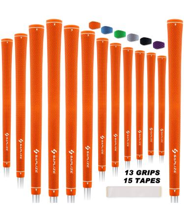 SAPLIZE CC02 Rubber Golf Grips, Options of Upgrade kit(13 Grips with 15 Tapes) or Deluxe Kit(13 Grips with Solvent kit) 6 Pure Colors Available, Standard/Midsize Anti-Slip Rubber Golf Club Grips Orange, 13 grips with tape