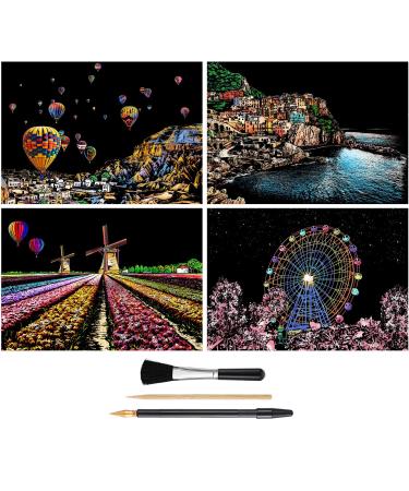Rainbow Scratch Art Painting Paper (A4) for Kids & Adults, DIY Night View Scratchboard Set: 4 Sheets Scratch Cards & Drawing Pen, Clean Brush (Cinque Terre / Windmill / Hot Air Balloon / Ferris Wheel) - Buy Online on GoSupps.com