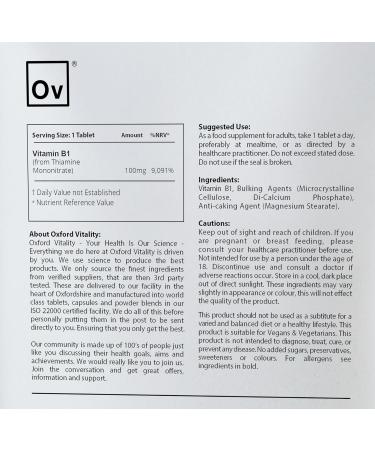 Vitamin B1 Tablets | 100mg Thiamine Supplement for Energy Metabolism & Nervous System Health | Oxford Vitality 120 count (Pack of 1) - Buy Online on GoSupps.com