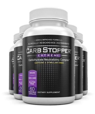 Carb Stopper Extreme (5 Bottles) Maximum Strength, Natural Carbohydrate and Starch Neutralizer | Keto Diet Cheat Supplement to Intercept Carbs with White Kidney Bean Extract, 60 Caps Each