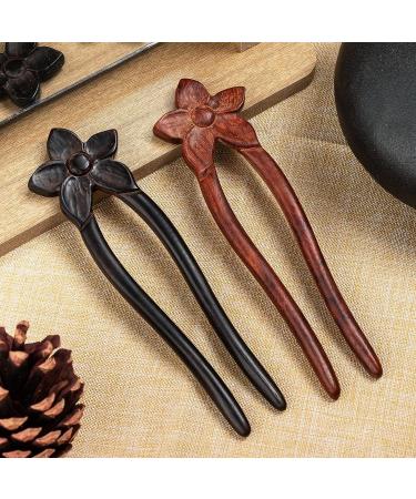 Noverlife 2PCS Handcrafted Ebony Sandalwood French Style U-Shaped Hair Forks with Flower Design - Elegant Updo Chignon Pins for Women and Girls - Buy Online on GoSupps.com