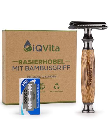 IQVITA Premium razor plane with bamboo handle - including 10 razor blades - for women and men - wet razor - closed comb - environmentally friendly & sustainable - Zero waste - including eBook