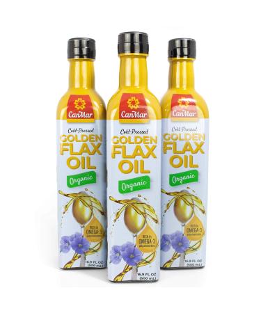 CanMar Premium Organic Golden Flax Oil (1 Bottle) / Cold Pressed/Micro Filtered/Omega-3 ALA/Non GMO/Organic/Vegan/Kosher/ 16.9 oz Glass Bottle