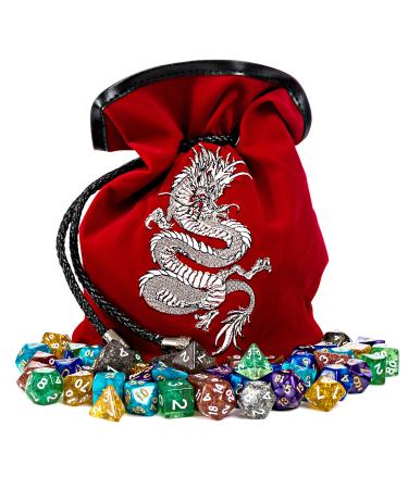 Large Dice Bag with 7 Complete Dice Sets | Dragon DND Dice Bag and 49 Polyhedral Dice | Red Dice Bag with Pockets