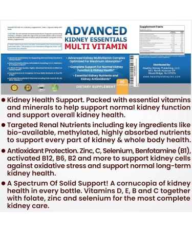Advanced Kidney Essentials Multivitamin. Kidney Support Supplement for Complete Kidney Health. Kidney Health Supplement with Renal Vitamins 90 Caps 90 Count (Pack of 1) - Buy Online on GoSupps.com