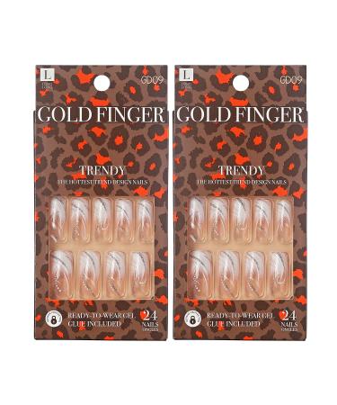 Gold Finger False Nails Gel Glam Design Full Cover Fake Nails Long Length (2 PACK)