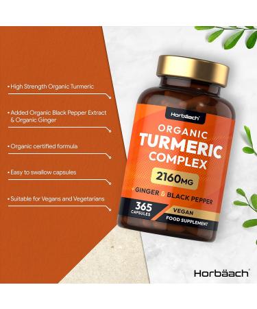 Organic Turmeric & Black Pepper Capsules | 2160mg High Strength Curcumin with Ginger | 365 Vegan Capsules by Horbaach - Buy Online on GoSupps.com