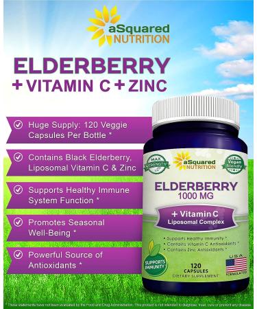 Black Elderberry Capsules with Vitamin C & Zinc - 1000mg Sambucus Nigra & Liposomal VIT C - Immune Support Booster - 120 Veggie Caps - Buy Online on GoSupps.com