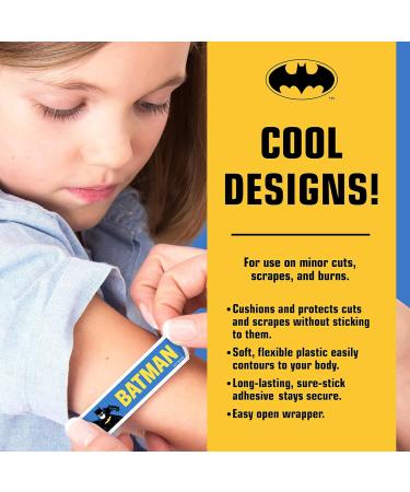 Batman Shaped Kids Bandages - 100 Count, Super Hero Characters, Flexible Adhesive for Blisters, Cuts & Scrapes - First Aid Protection for All Skin Types - Buy Online on GoSupps.com