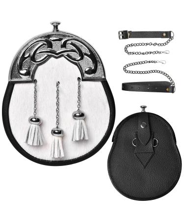 HIGHLAND REDSTONE Sporran Kilt for Men Premium Leather Quality Scottish Bovine Sporran with Chain Belt Kilt Accessories White Chrome