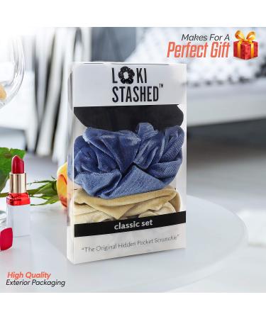 LokiStashed 3-PACK Velvet Hair Tie Scrunchies with Hidden Zipper Pocket - Navy Tan Black - Buy Online on GoSupps.com