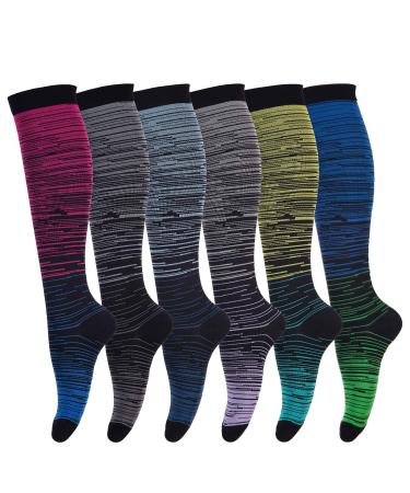 Compression Socks for Men & Women (6Pair) Non-Slip Long Tube Ideal for Running Nursing Circulation & Recovery Boost Stamina Hiking Travel & Flight Socks 20-30 mmHg S-M Stripe