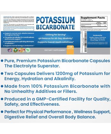 Pure Potassium Bicarbonate Supplement Capsules pH Balance Pills High Potassium Electrolytes 1200mg Serv. USA Made Bicarbonate Food Grade Acid-Alkaline Balance Immunity Endurance 120 caps 120 Count (Pack of 1) - Buy Online on GoSupps.com