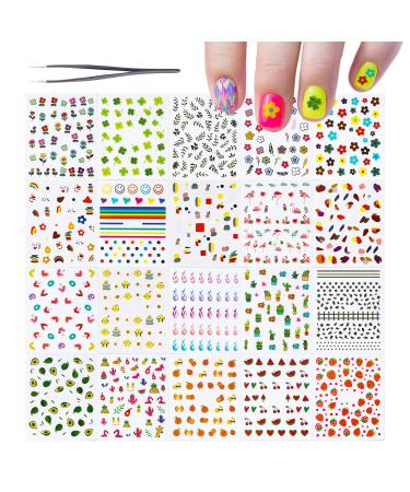 Nail Stickers for Younger Girls (20 Sheets) and 1 Nail Art Tweezers  Flowers Leaf Fruits Flamingo Animals Graffiti Self-Adhesive Designer Nail Polish Stickers Decals for Younger Girls Nail Salon/Home 20sheets 6.2*7.5cm A
