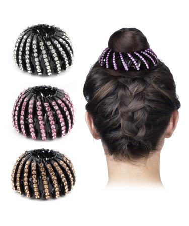 AUEAR  4 Pcs Expandable Ponytail Holder Hair Accessory Rhinestone Bun Wrap Bird Nest Hairs Clip Hair Tail Holder for Women Girls