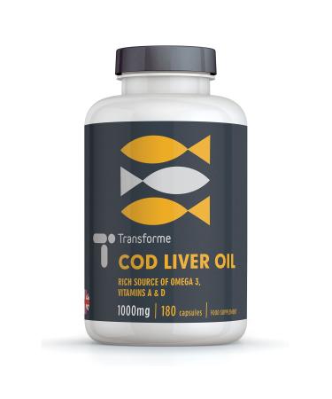 Transforme Cod Liver Oil Capsules 1000mg High Strength 180 Omega 3 Softgels EPA DHA Vitamins A & D3 6 Month Supply Gluten Free