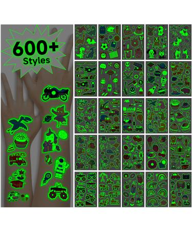EMOME 600+ Mix Styles Glow Kids Tattoos for Party Supplies Luminous Temporary Tattoos Stickers for Girls Boys Fake Tattoos Kids Party Favors Birthday Decorations (56 Sheets)