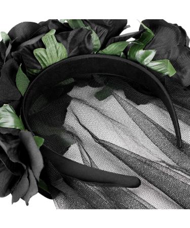 Flower Headband with Black Lace Veil Halloween Rose Headdress for Girls Women Ladies Floral Headwear Gothic Hair Band Hair Hoop Fancy Dress Up Costume Accessory Day of the Dead Cosplay Party Hairband - Buy Online on GoSupps.com