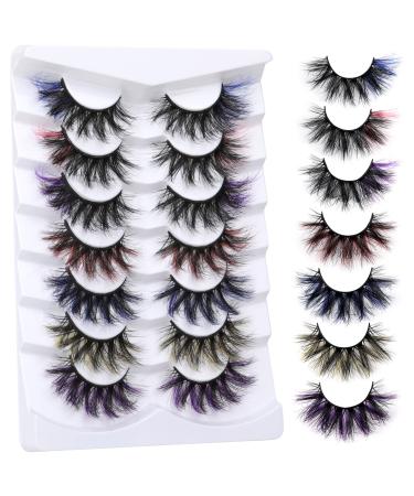 Eyelashes with Color on the End Fluffy Colored Mink Lashes, 5D Pink Dramatic Color Lashes Pack Rainbow Cat Eye False Colorful Eyelashes Strips 7 Pairs By Goddvenus A-Blue / Pink / Purple / Yellow