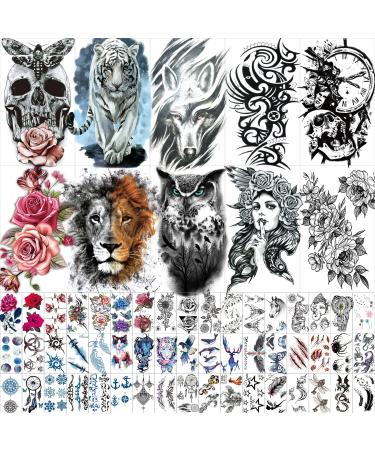 Hotoyannia 62 Sheets Black Large-Size Temporary Tattoos Stickers for Women Men and Girl, Includes 10 Large-Size Fake Tattoos That Look Real and Last Long, Halloween Tattoos Include Black Scary Wolf Lion Tiger Skeleton Skul
