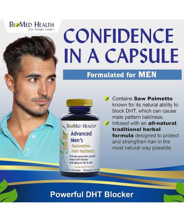 BioMed Health Hair Growth Vitamins for Men 120ct - Saw Palmetto DHT Blocker with Biotin | Advanced Restorative Hair Nutrients for Regrowth and Anti-Gray Hair - Buy Online on GoSupps.com