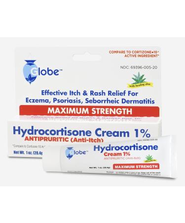 Globe Hydrocortisone Maximum Strength Cream 1% w/ Aloe Anti-Itch Cream for Redness Swelling Itching Rash & Dermatitis Bug/Mosquito Bites Eczema Hemorrhoids & More