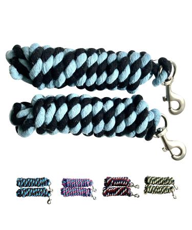 Majestic Ally Pack of 2 Solid Cotton Lead Rope for Horses & Livestock  10 Foot Long and 5/8 inch Thick - Replaceable Heavy-Duty Satin Bolt Snap  Handmade  Soft, Broken in Feel (Sky Blue - Black)