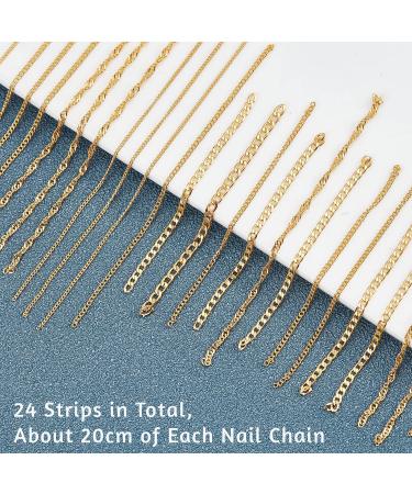 24PCS Metal Chains Nail Art Accessory Set - Gold Punk Glitter Studs, Line Pattern Mixed Shape Charms for DIY Nail Decoration - Buy Online on GoSupps.com
