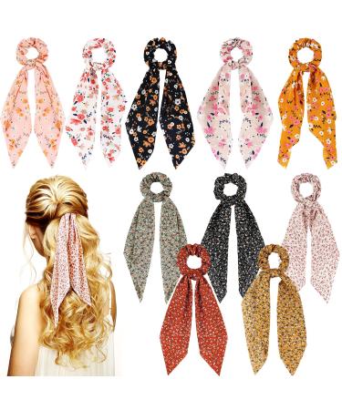 10 Pcs Floral Hair Scarf with Ribbon satin Hair Scarves Bow Hair Scrunchies Floral Ribbon Scrunchies Elastic Floral Bow Hair Ties 2 in 1 Vintage Hair Accessories for Women Girls - Buy Online on GoSupps.com