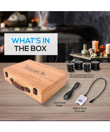 SereneLife Portable Heated Massage Stones Kit | 12 Large & Small Black Stones with Bamboo Heating Case | Electric Spa Warmer Box | Brown - Buy Online on GoSupps.com