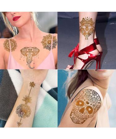 Rejaski 9 Sheets Flash Gold Metallic Temporary Tattoos - Bohemian Designs for Women, Adults - Fake Tattoo Stickers with Indian Tribal Elephant, 3D Wolf, Lion, Snake, Mandala Flower, Halloween Skull, Butterfly, Feather, Glitter - Buy Online on GoSupps.com