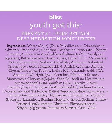 Bliss Youth Got This Prevent-4 + Pure Retinol Deep Hydration Moisturizer | 1.7 oz | Visibly Diminishes Fine Lines | Clean & Fragrance-Free - Buy Online on GoSupps.com