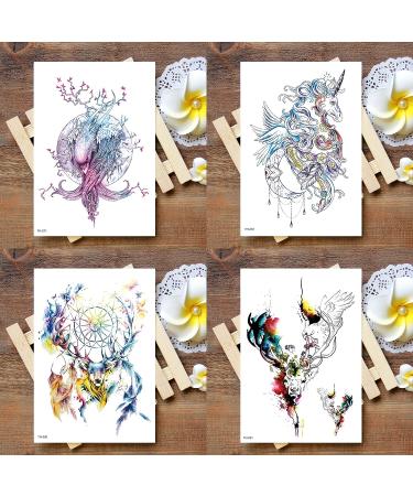 Oottati Fairy Tales Animal Temporary Tattoo Kit - Pink Unicorn Swan Deer Elf Wolf Owl Eagle Elephant Sun Flower Arm - 12 Sheets - Buy Online on GoSupps.com