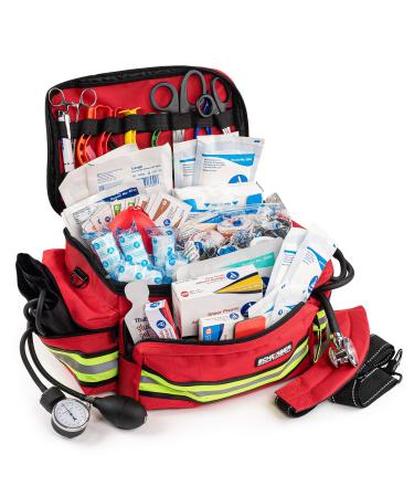 Scherber First Responder Bag | Fully-Stocked Professional Essentials EMT/EMS Trauma Kit | Reflective Bag w/8 Zippered Pockets & Compartments  Shoulder Strap & 200+ First Aid Supplies - Red