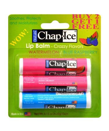 Chap-Ice SPF 4 Premium Lip Balm Crazy Flavors (Watermelon & Blue Raspberry) 3 pack