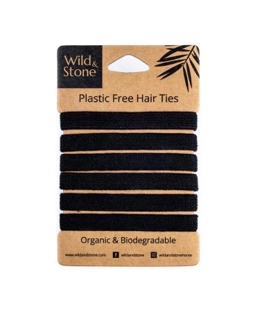 Wild & Stone | Pack of 6 Hair Bands | 100% Biodegradable and Plastic-Free Elastic Hair Ties | 100% Organic Cotton and Natural Plant-Based Rubber | No Crease Ponytail Holder (Black)