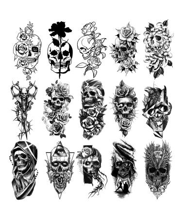 PADOUN Halloween Temporary Tattoo  15-Sheet Black Skull Rose Flower Tattoos Temporary Realistic  Waterproof Girls Tattoos Temporary for Kids Adult Black Skulls (15 Sheets)