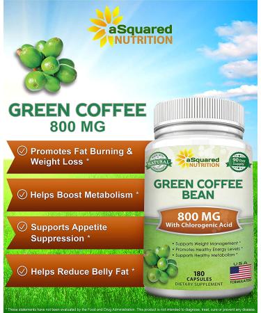 Green Coffee Bean Extract 180 Capsules - Max Strength GCA Antioxidant Cleanse for Weight Loss - 800mg/pill with Chlorogenic Acid - 1600mg Daily Supplement - Healthy Fat Burner - Buy Online on GoSupps.com