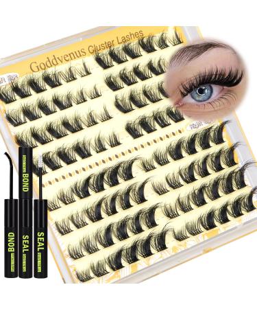 Paired Lashes Extension Kit Natural D Curl Russian Fox Eye Lash Individual Cluster Kit Wispy DIY Cluster Eyelash Extensions Kit with 96pcs Lash Clusters Bond and Seal Waterproof by Goddvenus K-foxy eye lash cluster 8 pairs