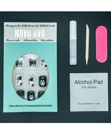 Novo Ovo Press-On Fake Nails - Short Corner Oval Black & White Dog Design | Stick-On Artificial Fingernails with Glue for Valentine's Day | Perfect for Bulldogs & Animal Lovers - Buy Online on GoSupps.com