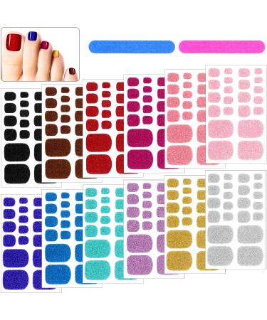 12 Sheets Glitter Toe Nail Wraps Self-Adhesive Toe Nail Polish Stickers Solid Color Nail Art Decals Strips Glittery Manicure Kit with 12 Styles and 2 Pieces Nail Files for Women Girls Classic Colors