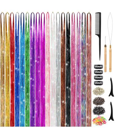 Hair Tinsel Kit (48 Inch 18 Colors) Tinsel Hair Extensions with Tools Heat Resistant Fairy Hair Tinsel Kit for Women Hair Accessories (18 Colors)