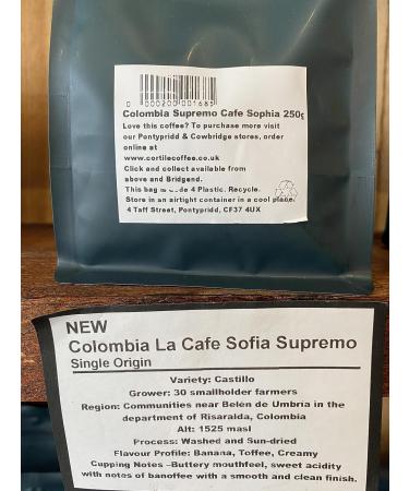 Colombian Cafe De Sofia Supremo Coffee Beans 250g Medium to Dark Roast Freshly small batch Roasted in Wales uk - Buy Online on GoSupps.com