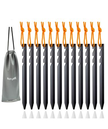 BIFUNIE Aluminum Tent Stakes Pegs, 12-Pack Aluminum Ground Pegs with Reflective Pull Ropes, Heavy Duty Tri-Beam Metal Stakes Pegs for Backpacking Camping Tents Hammocks and Canopy Black