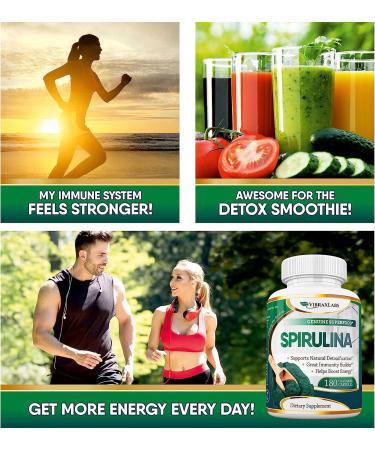 VibraxLabs 100% Pure Spirulina Capsules - 1000mg Serving, Detox & Cellular Health Support, with Chlorella - 500mg Veggie Capsules - Buy Online on GoSupps.com