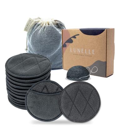 Lunelle Charcoal Bamboo Reusable Makeup Remover Pads 12 Pack - Reusable Face Pads with Laundry Bag + Charcoal Konjac Sponge Bamboo Makeup Remover Pads - Sustainable Reusable Cotton Pads Face Gift Set